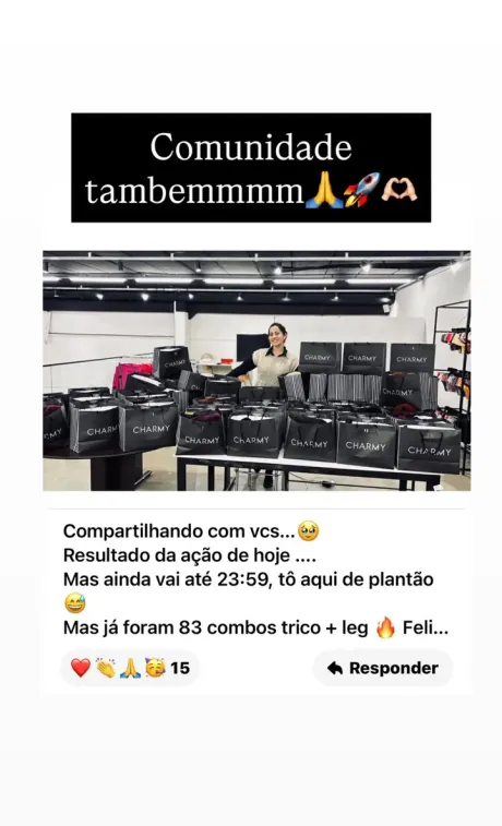 Print: aluna mostra o resultado da ação do dia, 83 combos de tricô e legging vendidos