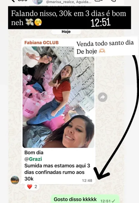 Print do grupo: Fabiana conta que estão há 3 dias embalando pedidos rumo aos 30 mil