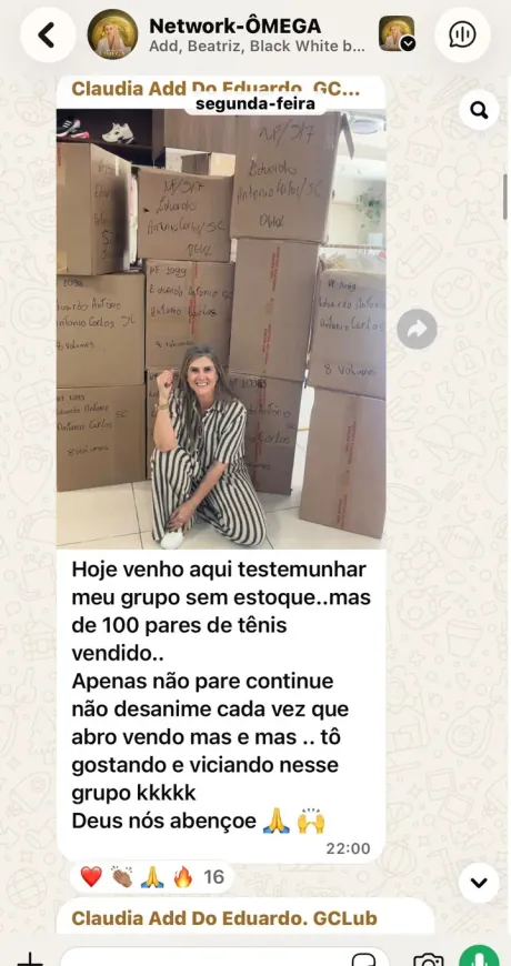 Print do grupo Network Ômega: Claudia vendeu mais de 100 pares de tênis sem estoque