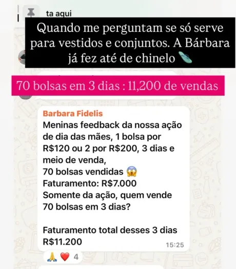 Print do grupo: Barbara Fidelis vendeu 70 bolsas em 3 dias, R$ 11.200 de faturamento