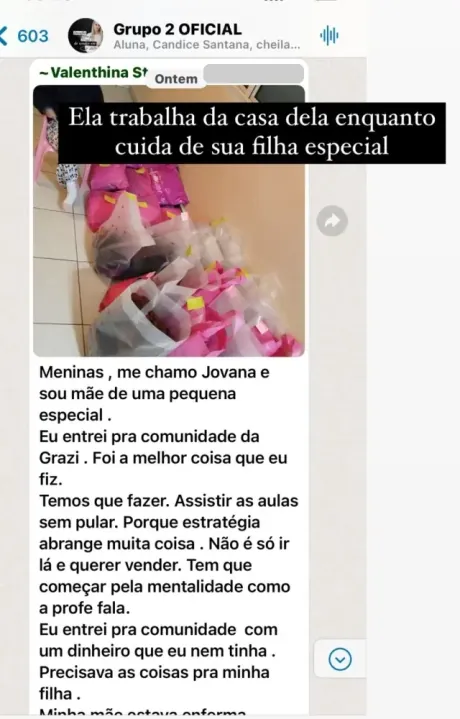 Print: Jovana, mãe de uma filha especial, conta que trabalha de casa e que a comunidade foi a melhor coisa que fez