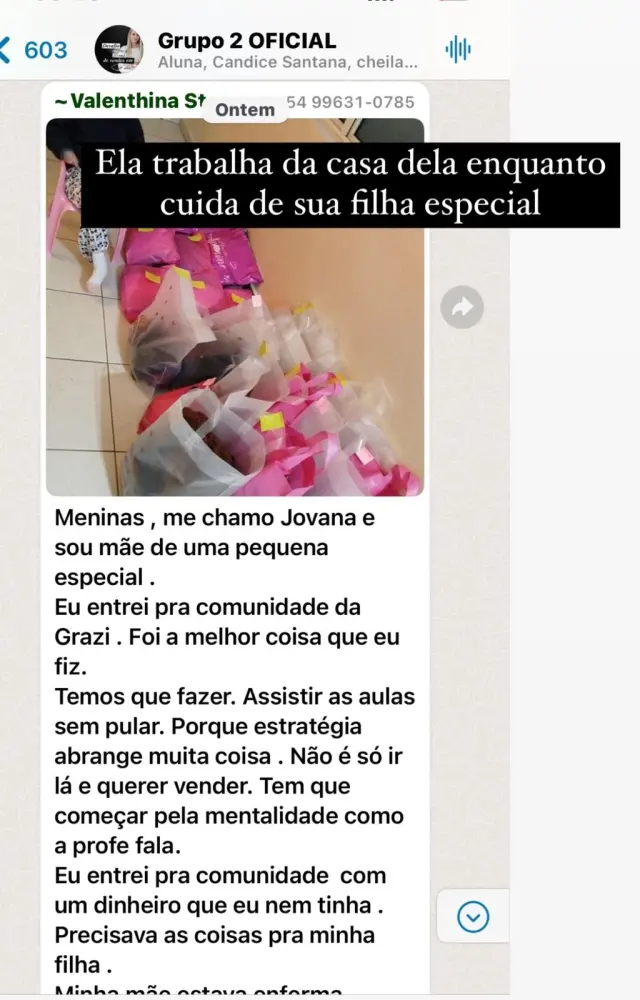 Print: Jovana, mãe de uma filha especial, conta que trabalha de casa e que a comunidade foi a melhor coisa que fez