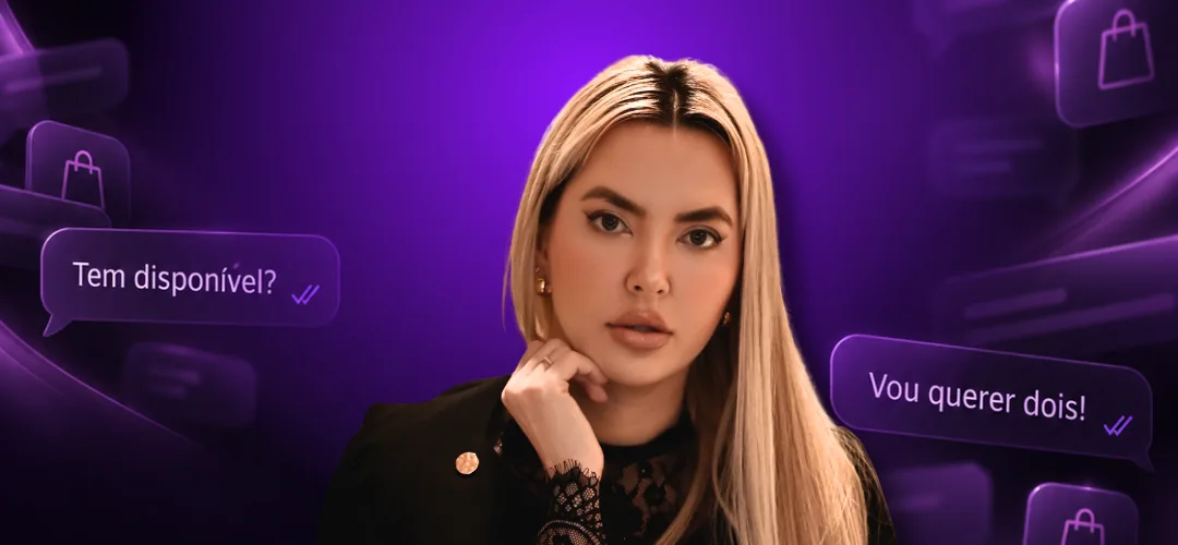 Graziele Dalpra de preto com renda, com balões de WhatsApp ao fundo